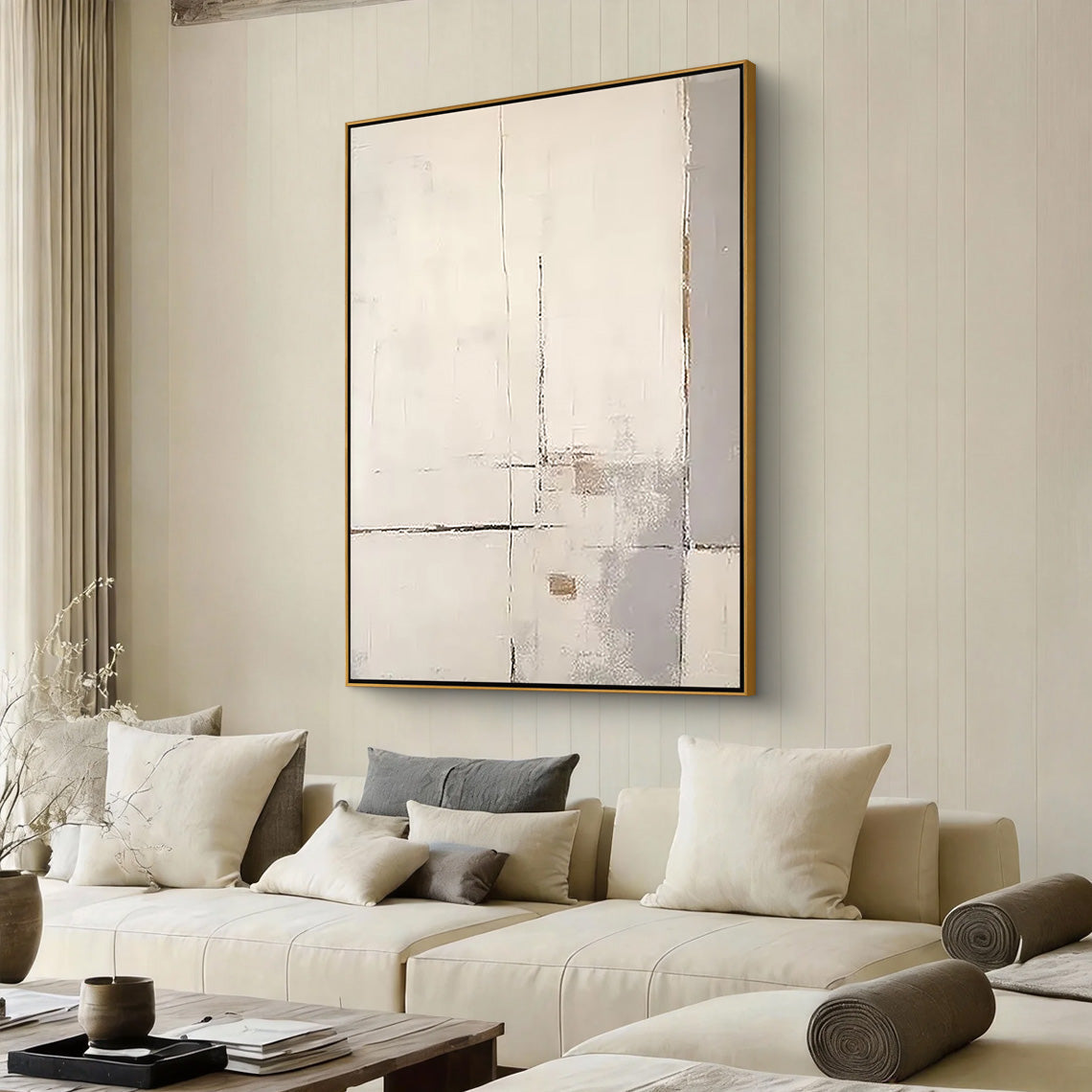 Minimalist Trace – Hand-Painted Minimalist Beige and Grey Plaster Relief Wabi-Sabi Painting | Japandi Organic Wabi-Sabi Living Room & Hallway Art