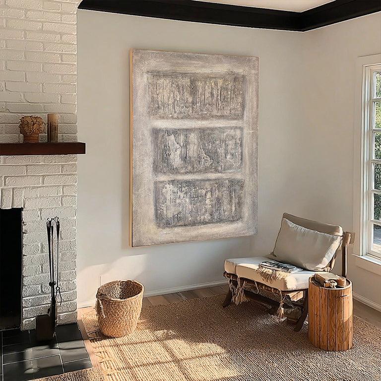 Neutral Vestige – Hand-Painted Beige Three-Panel Relief Plaster Effect Wabi-Sabi Painting | Japandi Organic Wabi-Sabi Living Room & Hallway Art