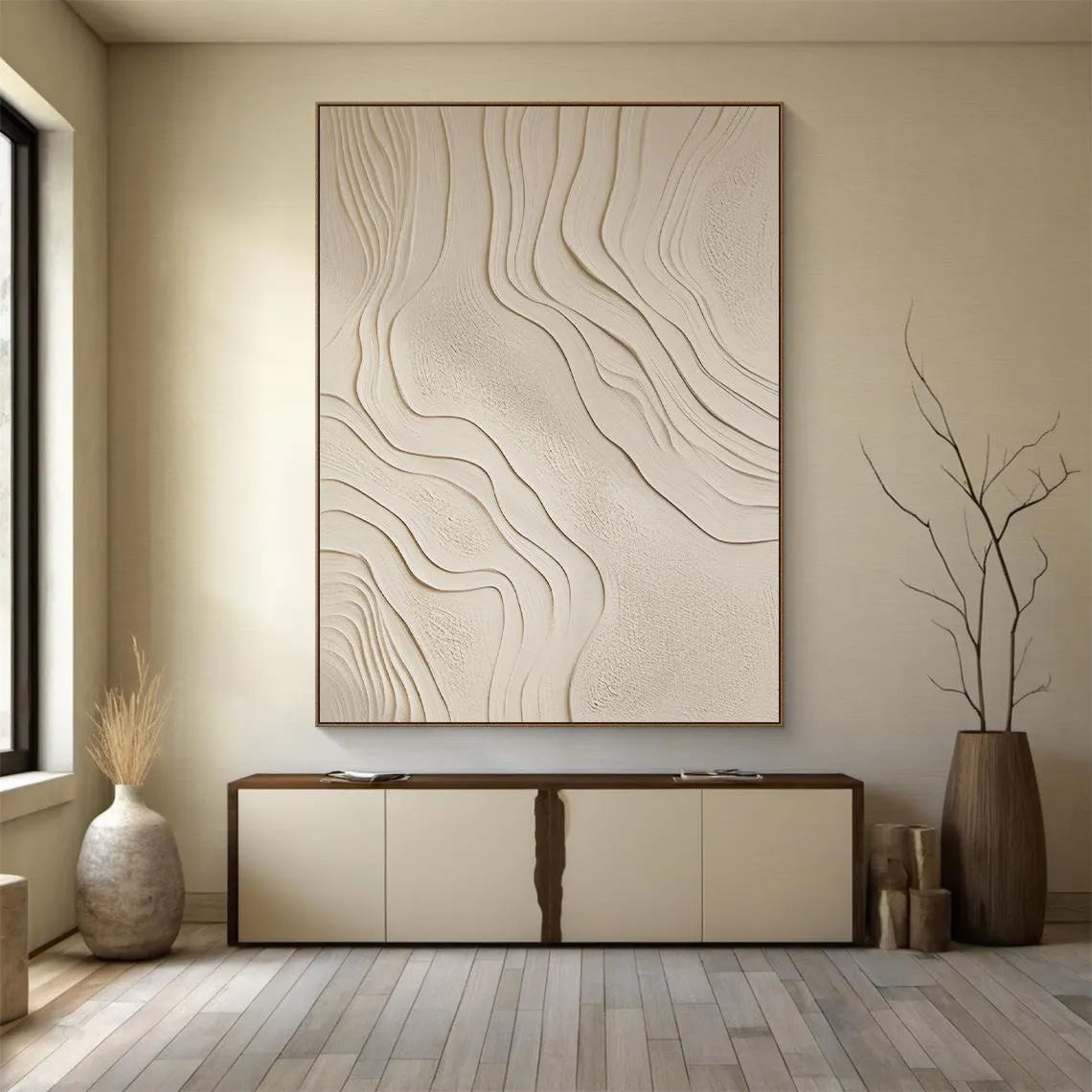 Zen Ripple – Hand-Painted Minimalist Beige Organic Wave Line 3D Plaster Effect Relief Wabi-Sabi Painting | Japandi Organic Wabi-Sabi Living Room & Hallway Art