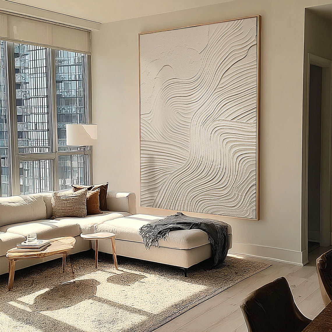 Zen Ripple – Hand-Painted Beige Organic Wave Line Plaster Effect Wabi-Sabi Painting | Japandi Organic Wabi-Sabi Living Room & Hallway Art