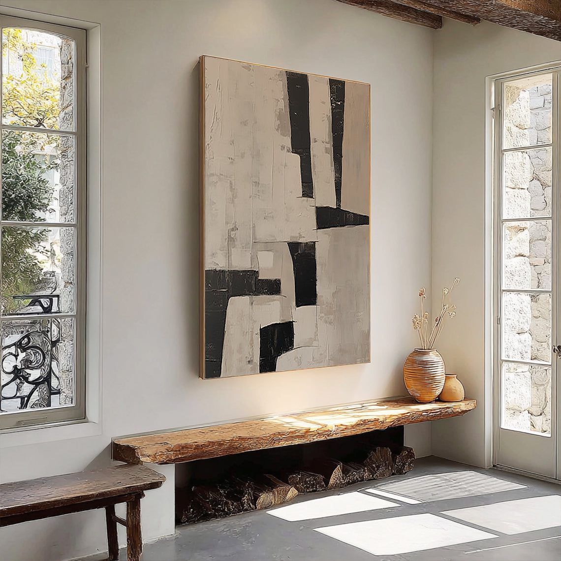 Urban Contour – Hand-Painted Charcoal Grey and Beige Geometric Block Abstract Painting | Industrial Abstract Home Office & Living Room Art