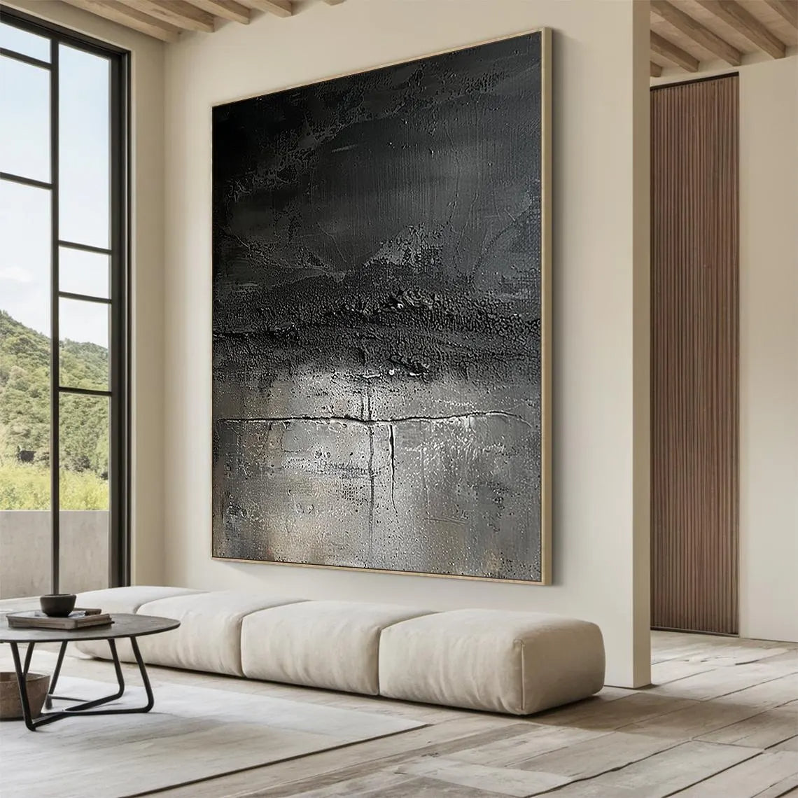 Earthen Crust – Hand-Painted Dark Grey Volcanic Texture Plaster Relief Wabi-Sabi Painting | Japandi Wabi-Sabi Living Room & Bedroom Art