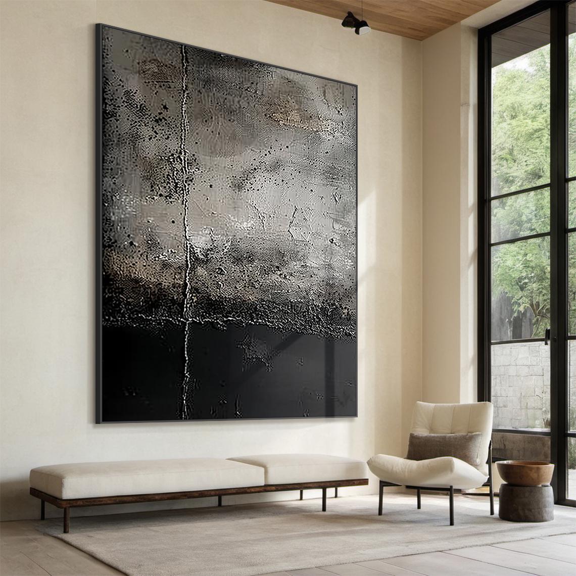 Urban Fossil – Hand-Painted Distressed Charcoal Grey Plaster Effect Relief Modern Wabi-Sabi Painting | Modern Noir Wabi-Sabi Living Room & Home Office Art