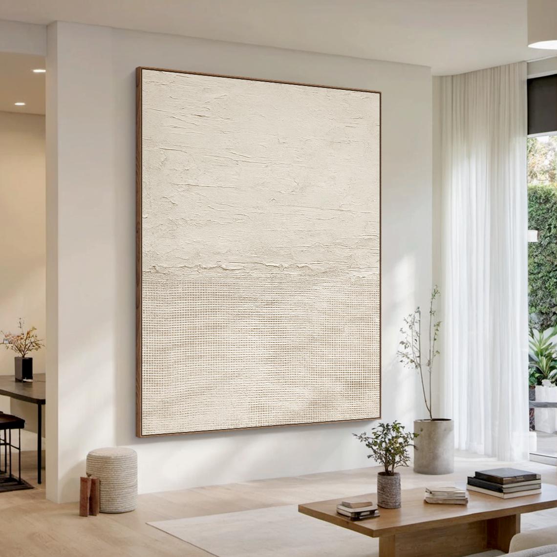 Creamy Horizon – Hand-Painted Minimalist Beige Two-Tone Plaster Effect Wabi-Sabi Painting | Japandi Organic Wabi-Sabi Living Room & Hallway Art