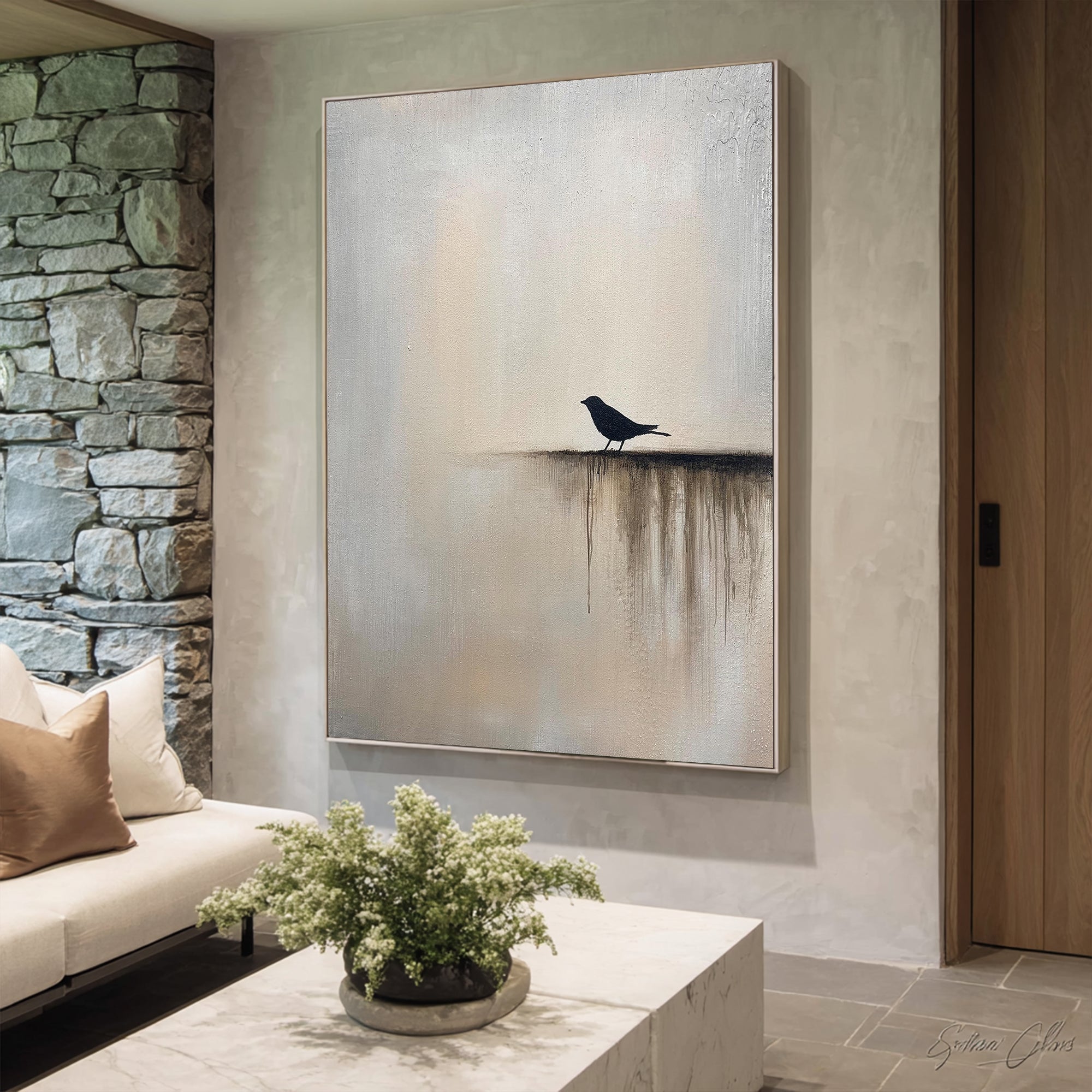 The Silent Roost – Wabi-Sabi Minimalist Solitary Bird Painting | Modern Warm Grey Home Office Art