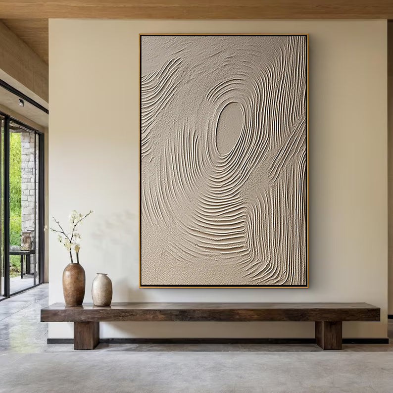 Zen Ripple – Hand-Painted Minimalist Beige Circular Line Relief Wabi-Sabi Painting | Japandi Organic Wabi-Sabi Living Room & Hallway Art