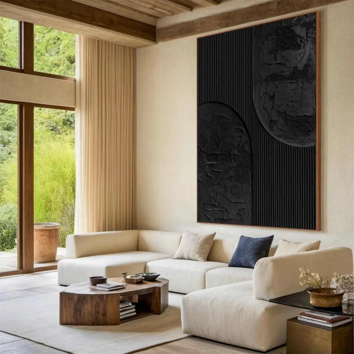 Midnight Silence – Hand-Painted Pure Black Plaster Effect Geometric Relief Wabi-Sabi Painting | Japandi Wabi-Sabi Living Room & Bedroom Art