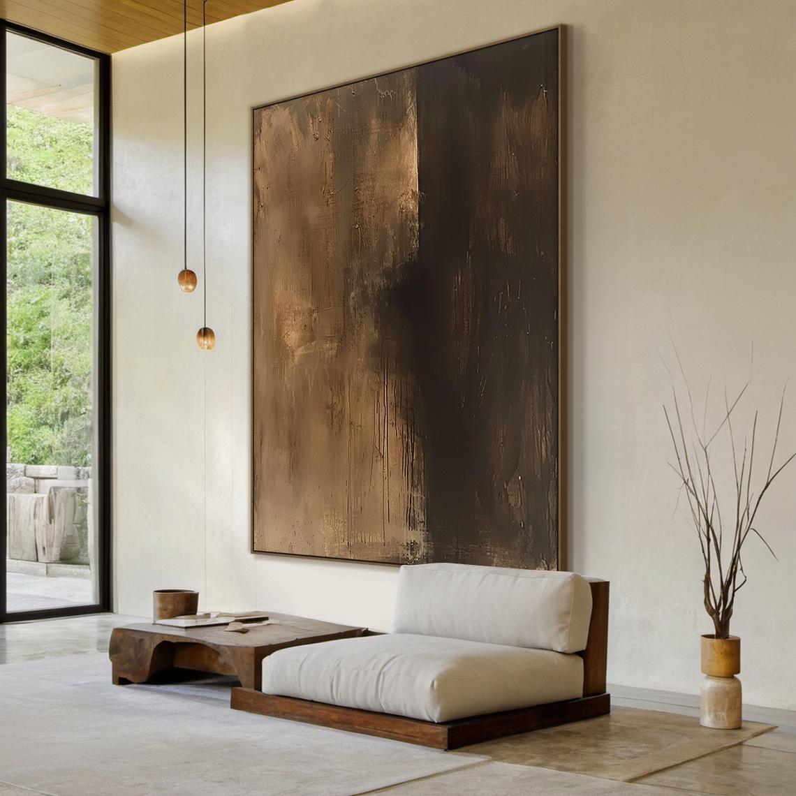 Earthen Shadow – Hand-Painted Deep Coffee Brown Plaster Effect Wabi-Sabi Painting | Japandi Wabi-Sabi Living Room & Bedroom Art