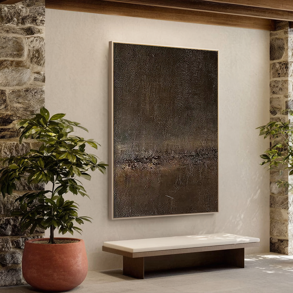 Dark Earth – Minimalist Deep Brown Grained Texture Hand-Painted Abstract Wabi-Sabi Painting | Japandi Wabi-Sabi Living Room & Bedroom Art
