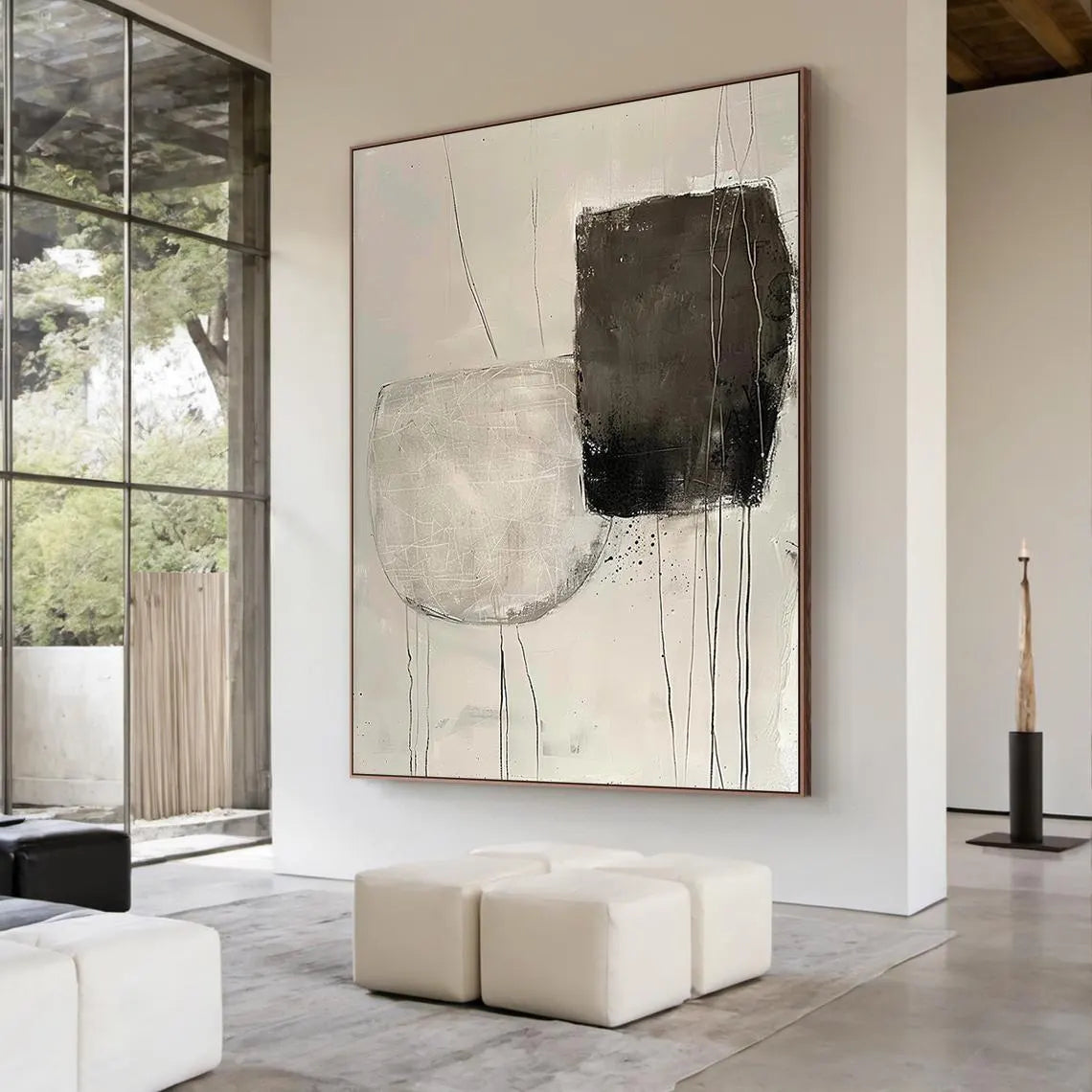 Zen Balance – Hand-Painted Minimalist Black and Grey Plaster Effect Abstract Wabi-Sabi Painting | Japandi Wabi-Sabi Living Room & Bedroom Art