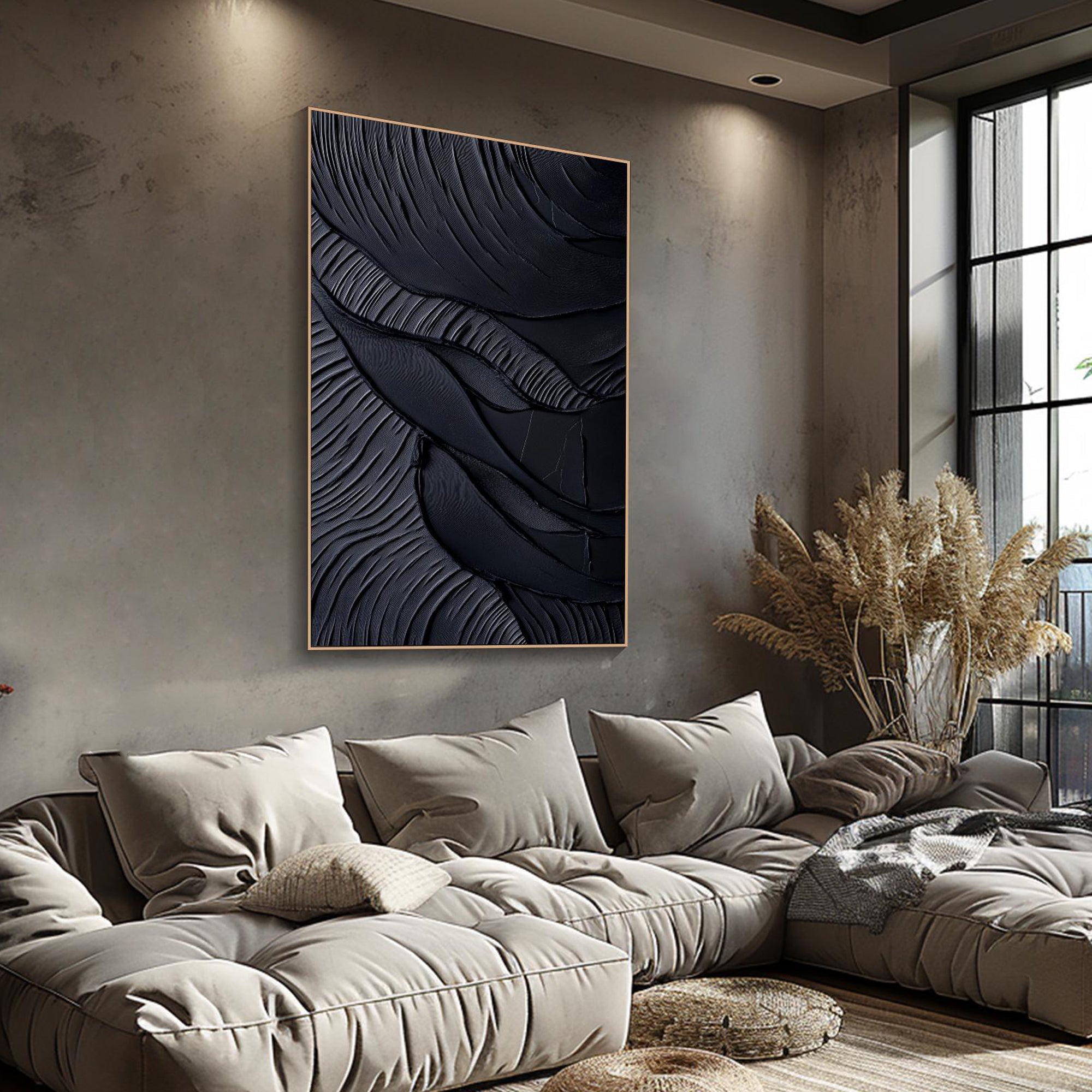Obsidian Waves – Hand-Painted Pure Black Plaster Effect 3D Relief Wabi-Sabi Painting | Modern Noir Wabi-Sabi Living Room & Home Office Art