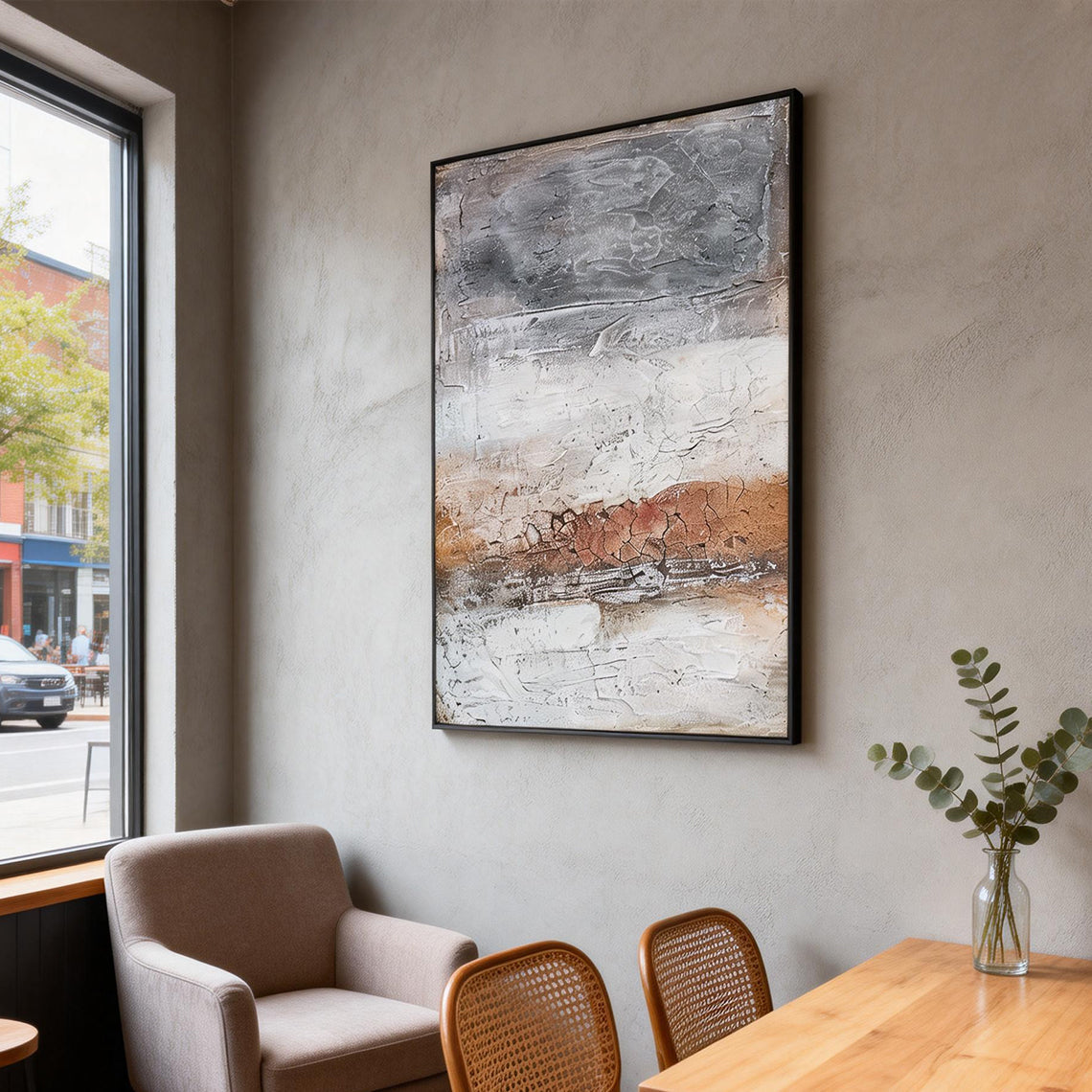 Earthen Strata – Minimalist Neutral Plaster Effect Layered Wabi-Sabi Painting | Japandi Organic Wabi-Sabi Living Room & Hallway Art