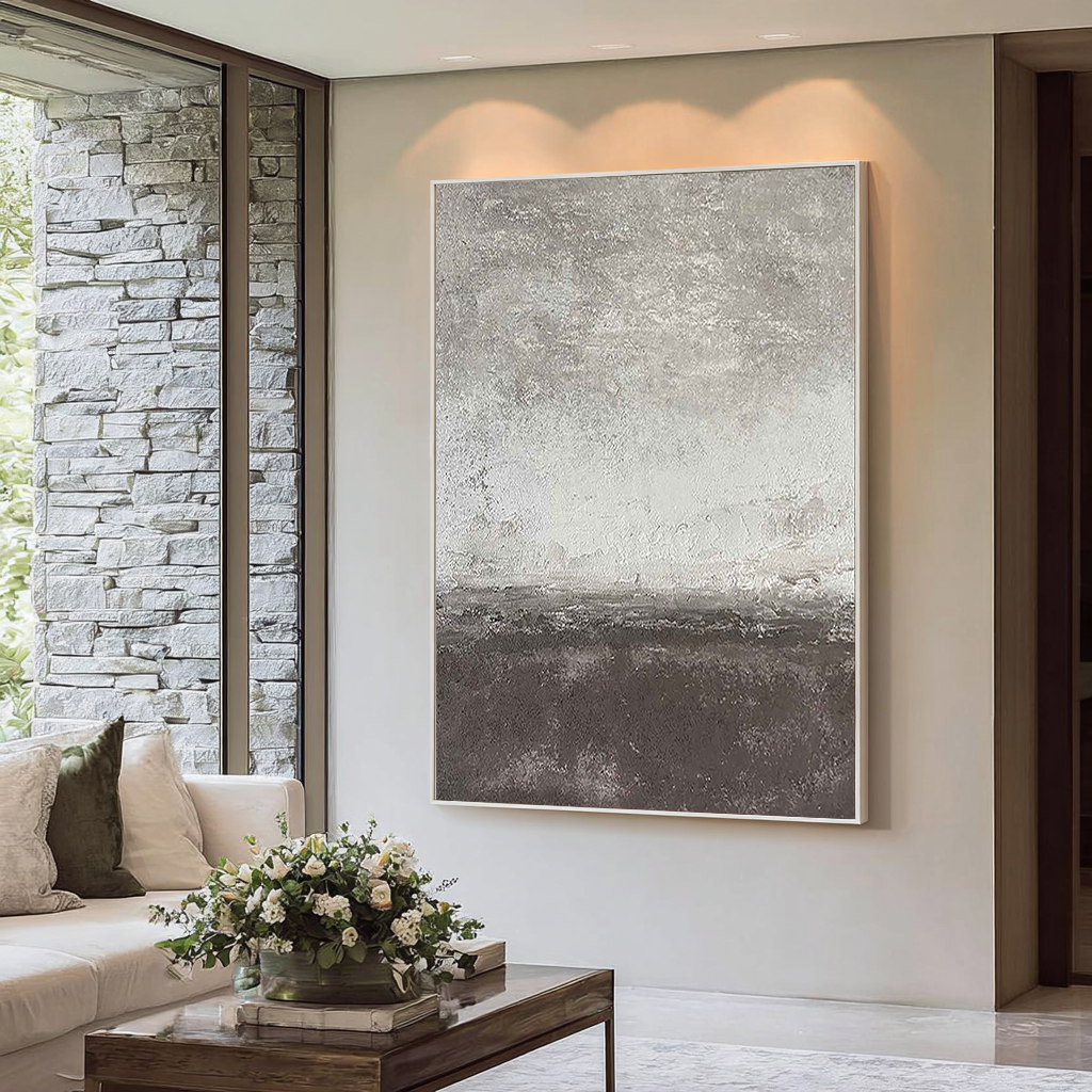 Concrete Mist – Hand-Painted Grey and White Cement Plaster Effect Grained Wabi-Sabi Painting | Japandi Wabi-Sabi Living Room & Bedroom Art