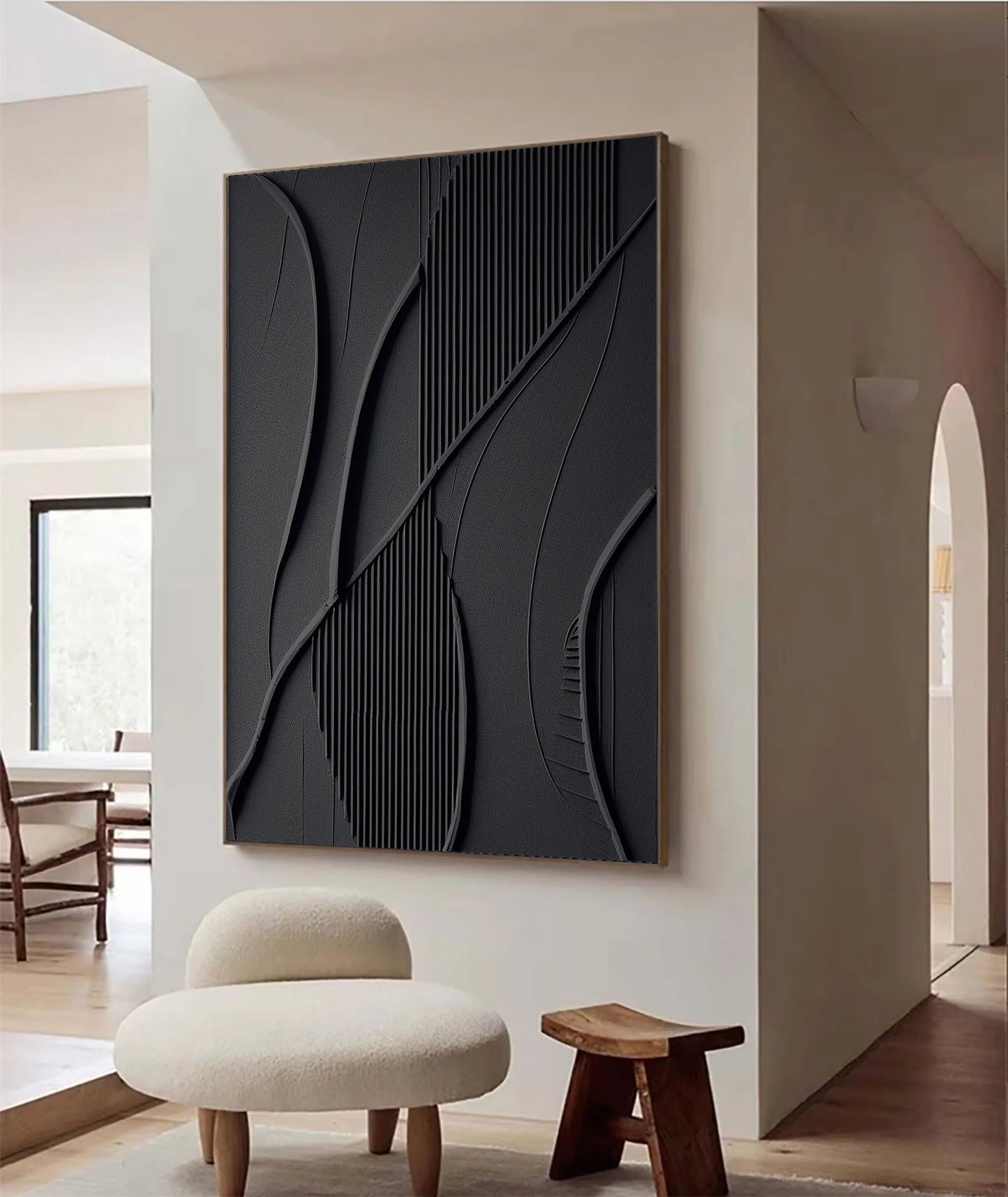 Onyx Veins – Hand-Painted Matte Black Intertwined Fluid Lines Fluted Texture Relief Wabi-Sabi Painting | Japandi Wabi-Sabi Living Room & Bedroom Art