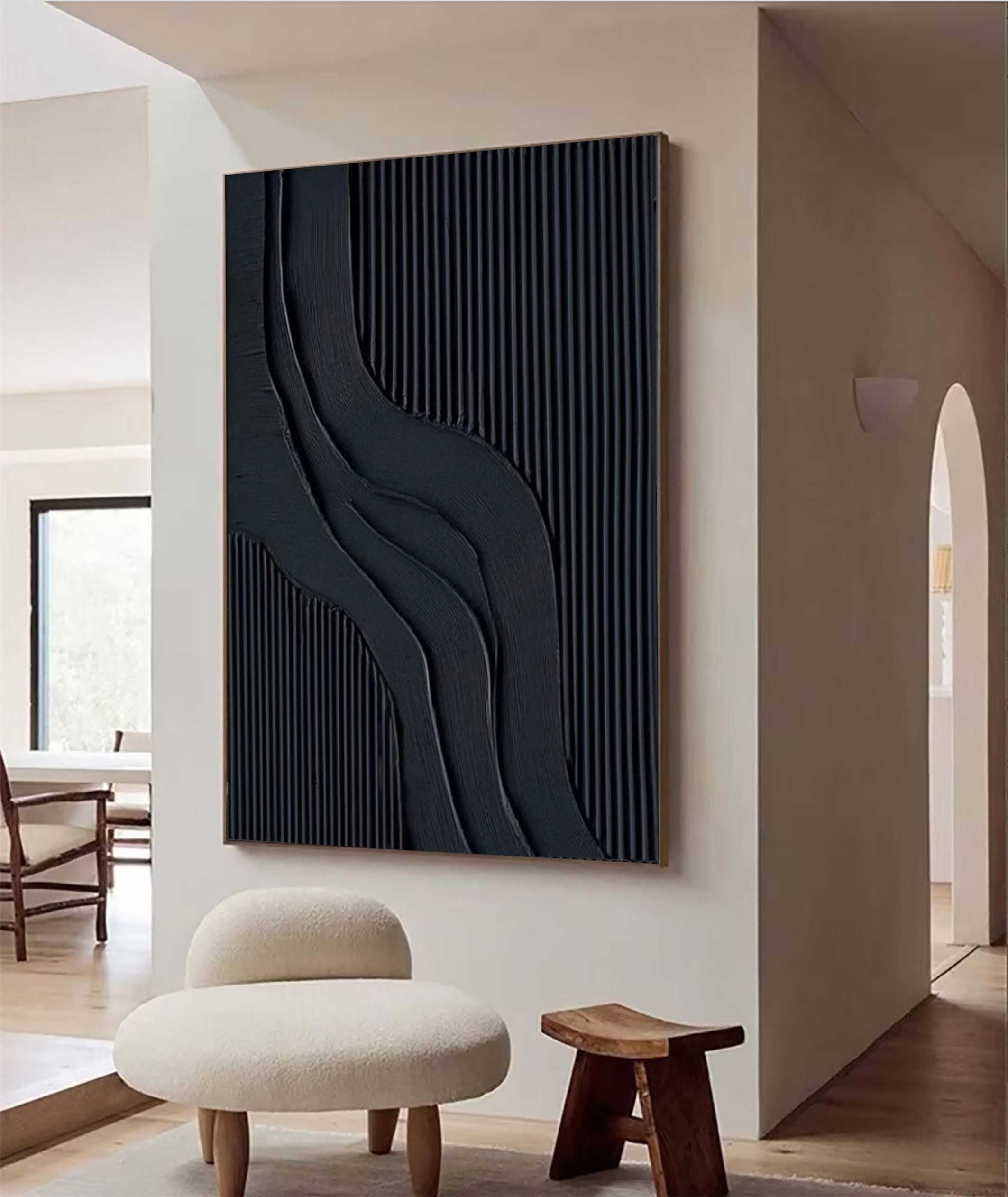 Midnight Strata – Hand-Painted Matte Black Fluted Texture 3D Relief Wabi-Sabi Painting | Japandi Wabi-Sabi Living Room & Bedroom Art