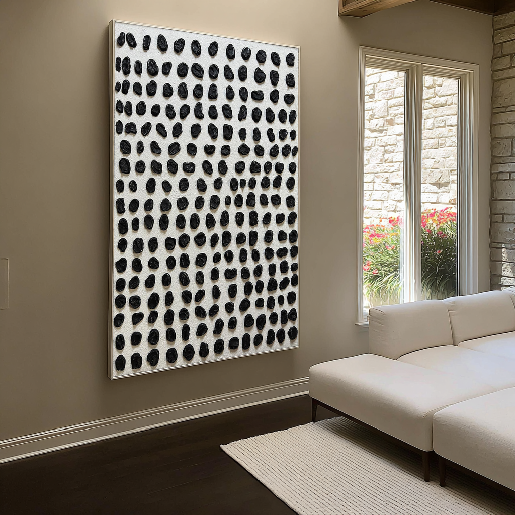 Rhythmic Dots – 3D Heavy Texture Black Pebble Relief Wabi-Sabi Painting | Japandi Wabi-Sabi Living Room & Bedroom Art