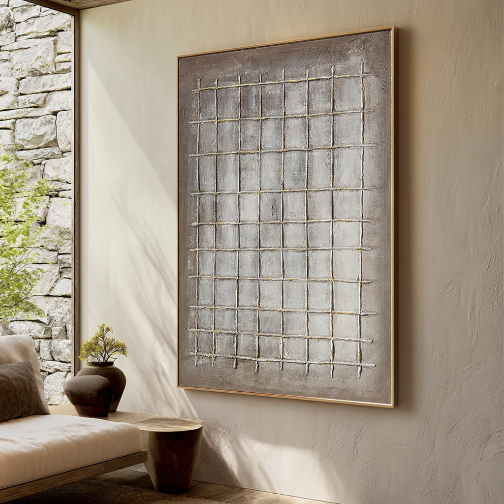 Ancient Grid – Modern Neutral Plaster Relief Grid Wabi-Sabi Painting | Japandi Organic Wabi-Sabi Living Room & Hallway Art