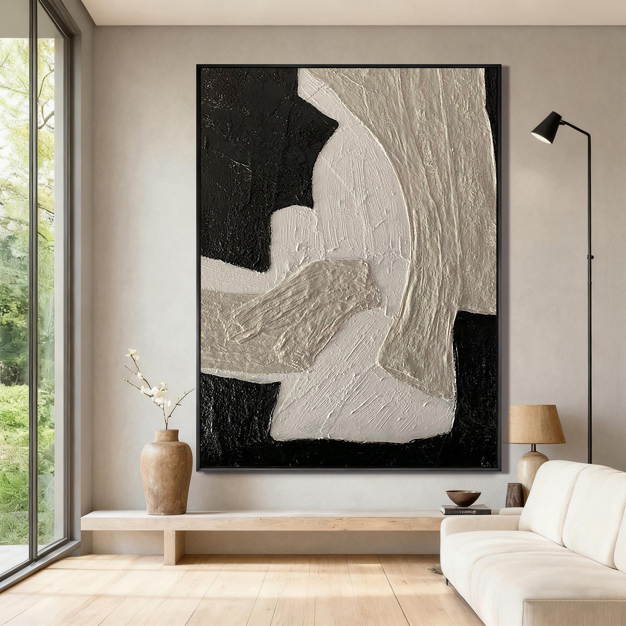 Silent Earth – Wabi-sabi Plaster Texture Art | Minimalist Noir & Beige Abstract Home Office Painting