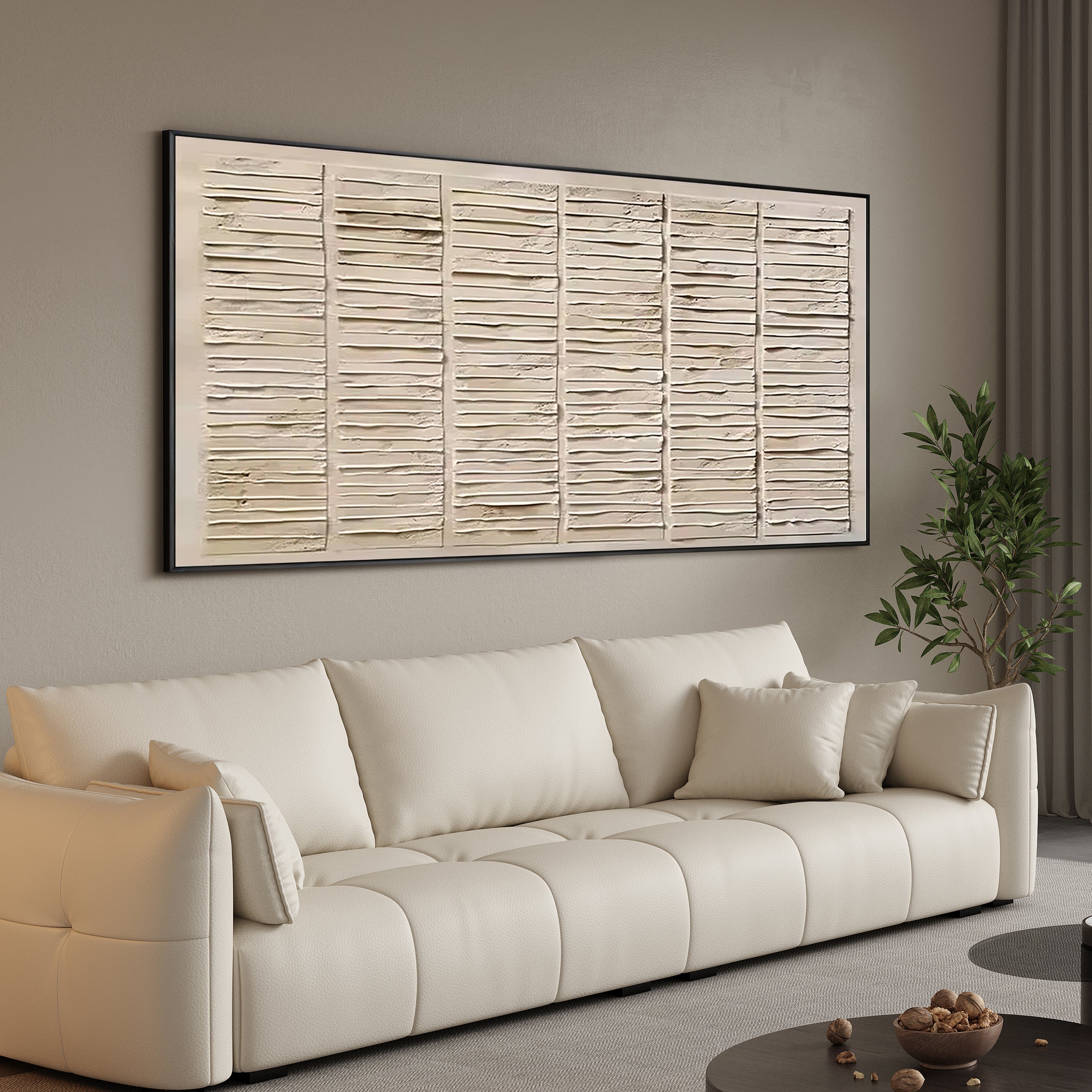 Rhythmic Lines – Modern Neutral Plaster Relief Linear Wabi-Sabi Painting | Japandi Organic Wabi-Sabi Living Room & Hallway Art
