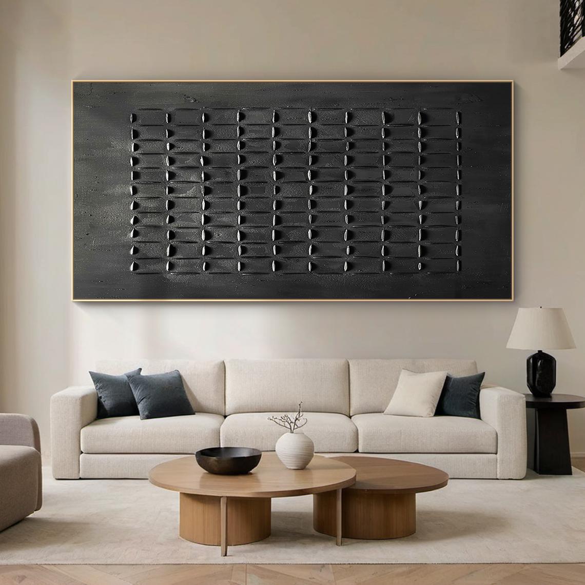 The Dark Matrix – All Black Minimalist 3D Textured Relief Art | Wabi-Sabi Horizontal Home Office Art