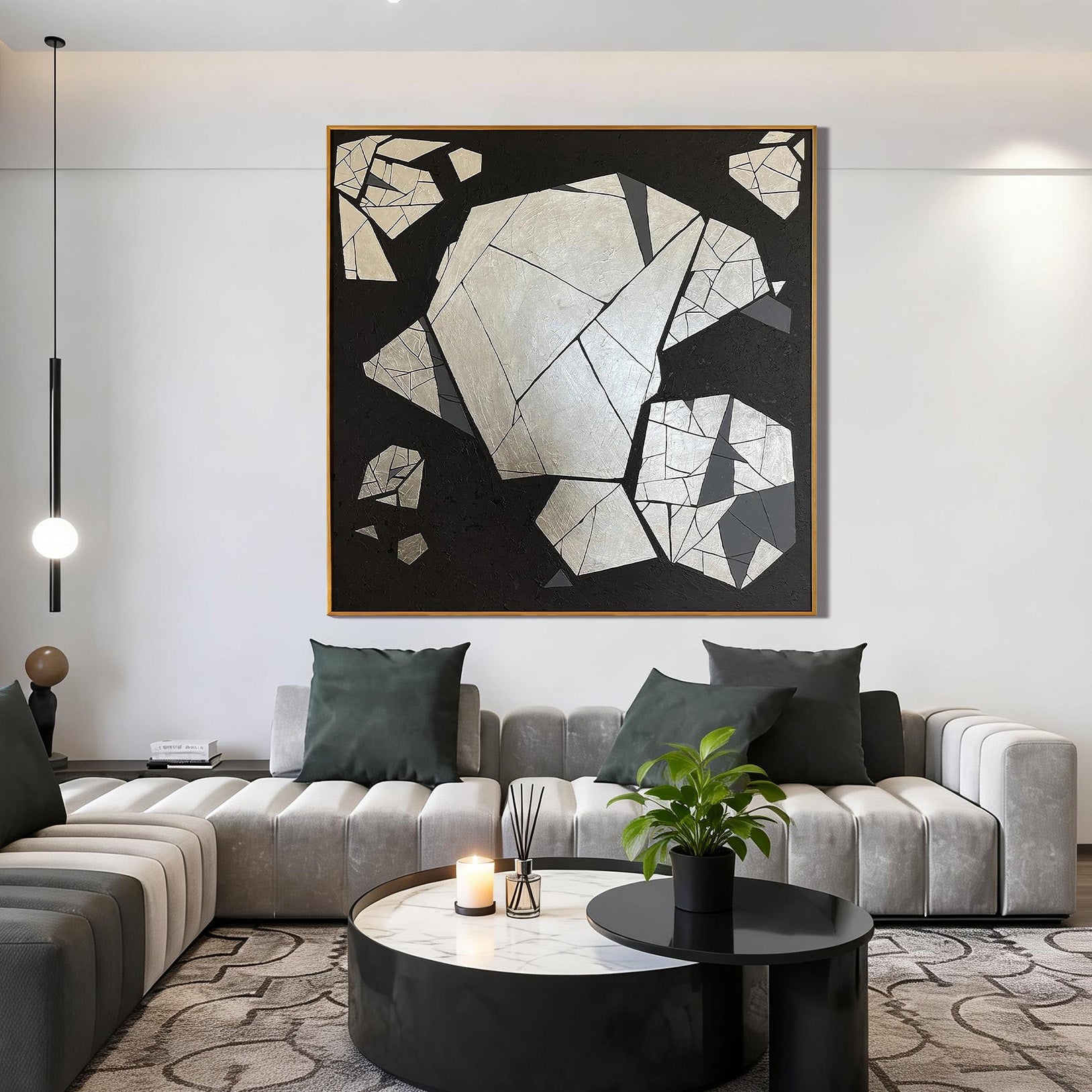 Fractured Core – Hand-Painted Black and Silver Geometric Rock Relief Wabi-Sabi Painting | Japandi Wabi-Sabi Living Room & Bedroom Art