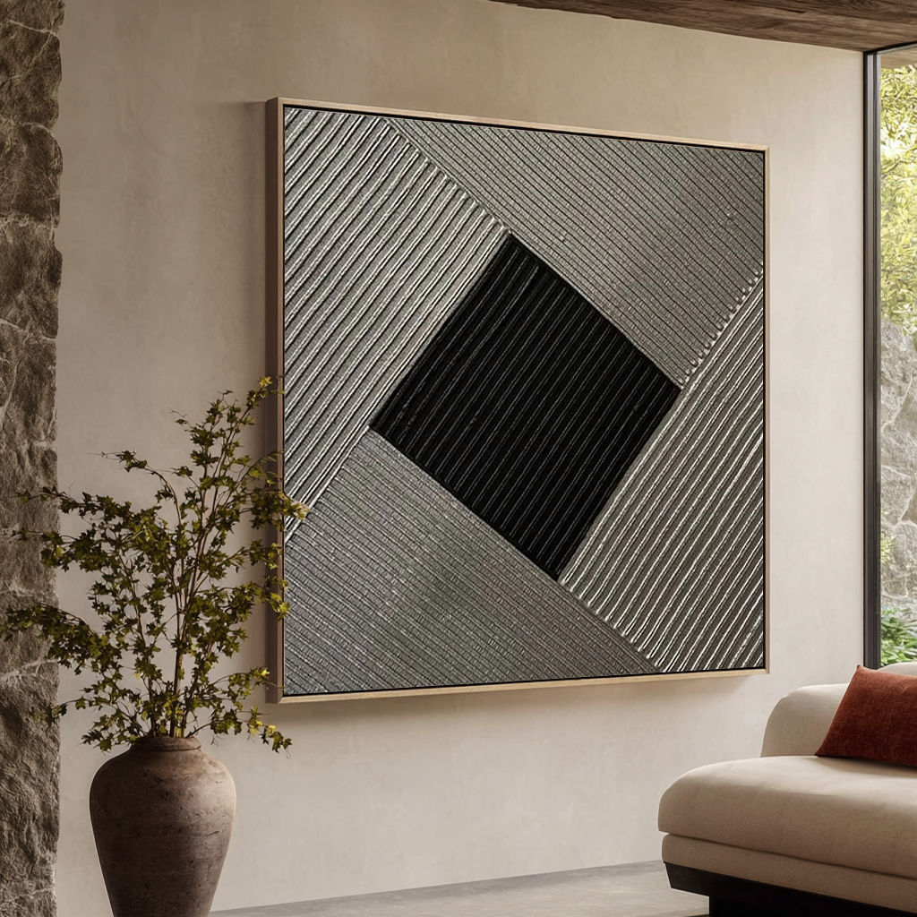 Onyx Vortex – Modern Black & Charcoal Plaster Relief Wabi-Sabi Painting | Modern Noir Wabi-Sabi Living Room & Home Office Art