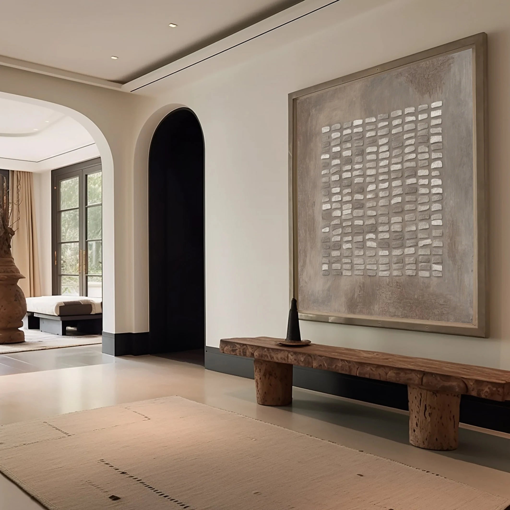 Zen Lattice – Plaster Grid Relief Abstract Wabi-Sabi Painting | Japandi Wabi-Sabi Living Room & Bedroom Art