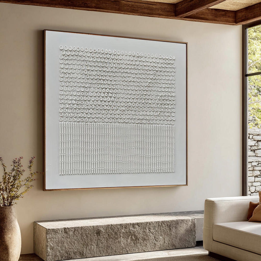 Listening to Rain – Wabi-Sabi Pure White Textured Raindrop & Bamboo Listening to Rain" – Wabi-Sabi Pure White Textured Raindrop & Bamboo Abstract Painting | Modern Minimalist HArt