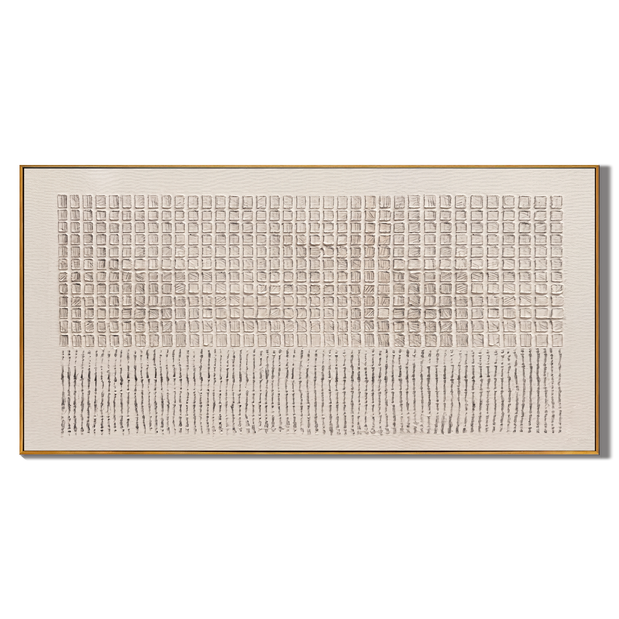 Linen Grid – Panoramic Cream Textured Grid with Line Marks Painting | Wabi-Sabi Panoramic Art