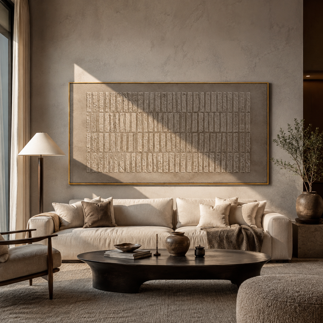Weathered Stone Tablets taupe textured painting above a beige living room sofa