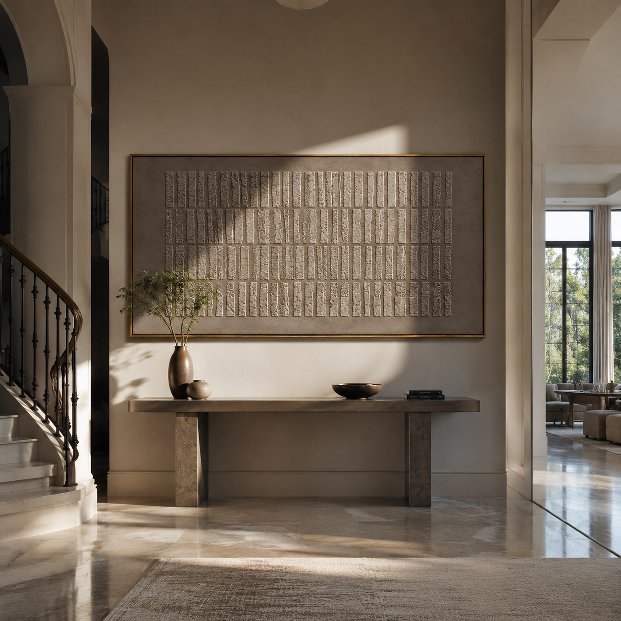 Panoramic plaster relief art above a console table in a marble entryway