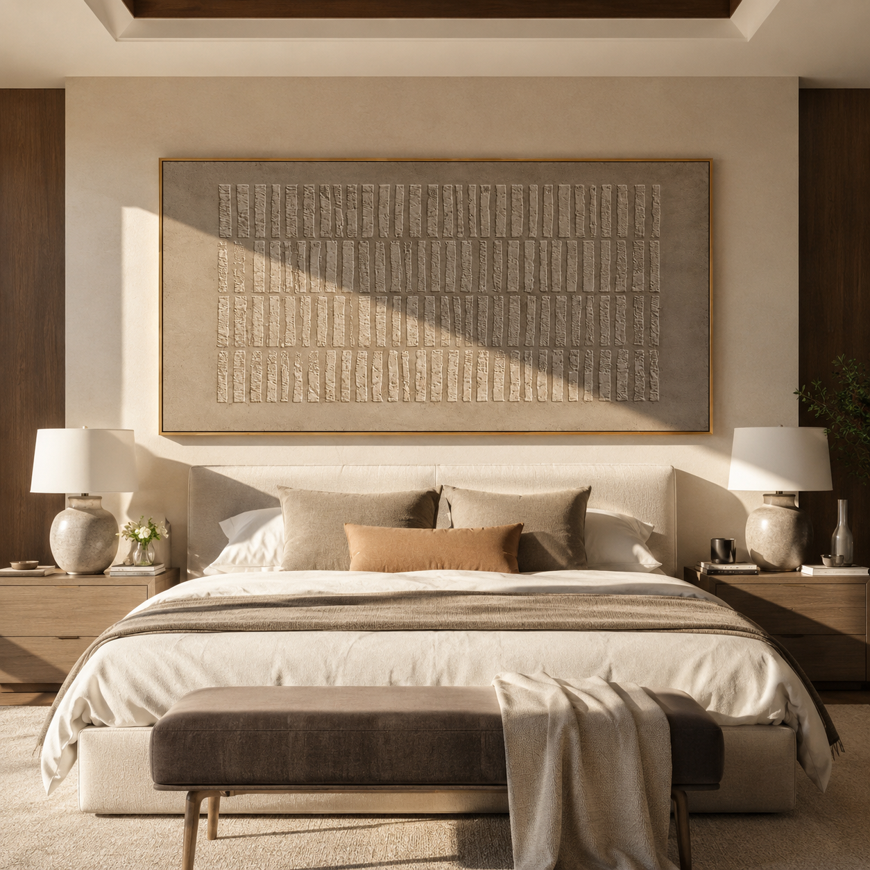 Wide taupe textured canvas art hanging above a bed in a warm bedroom