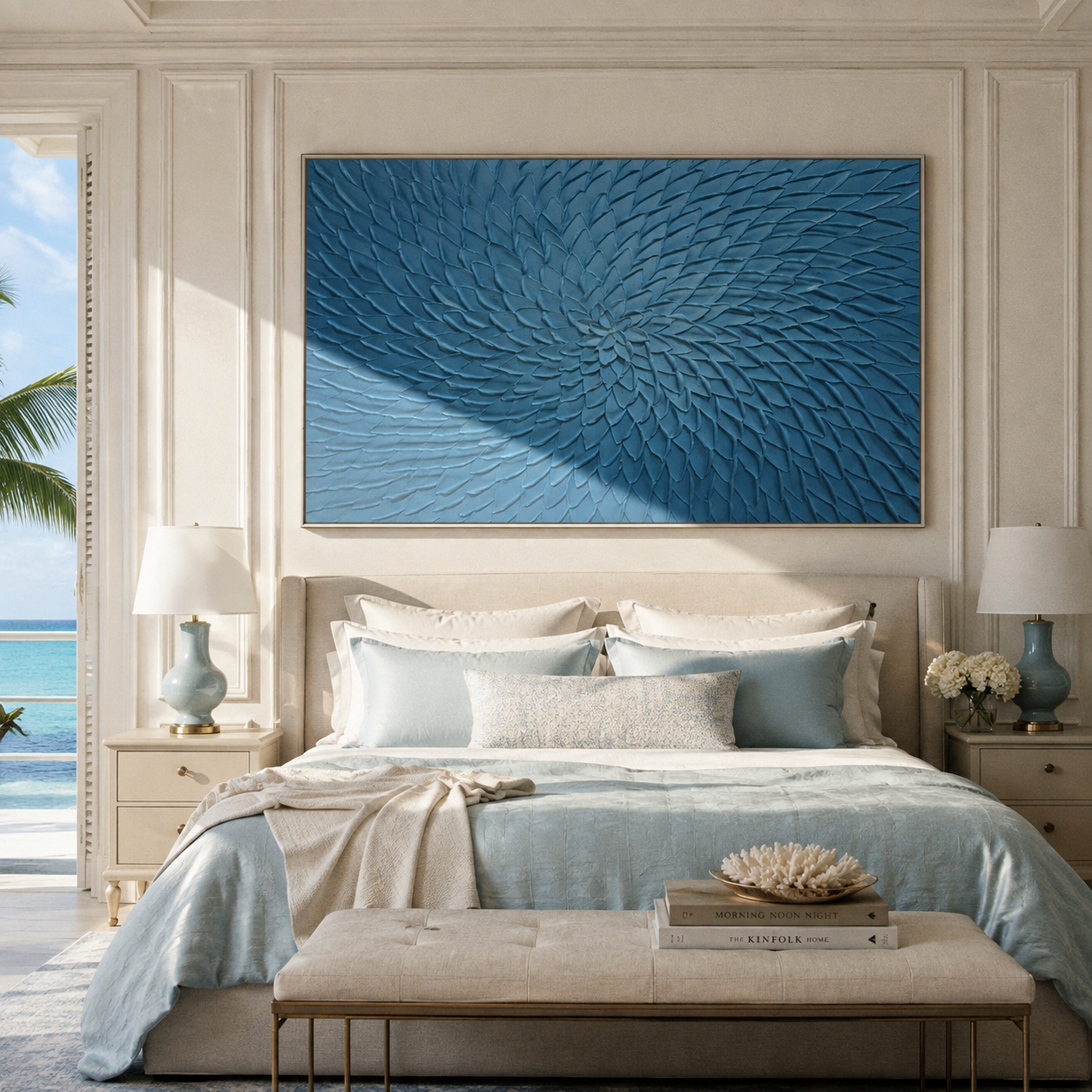 Woven Bloom Depths blue textured bloom painting above a coastal bedroom bed