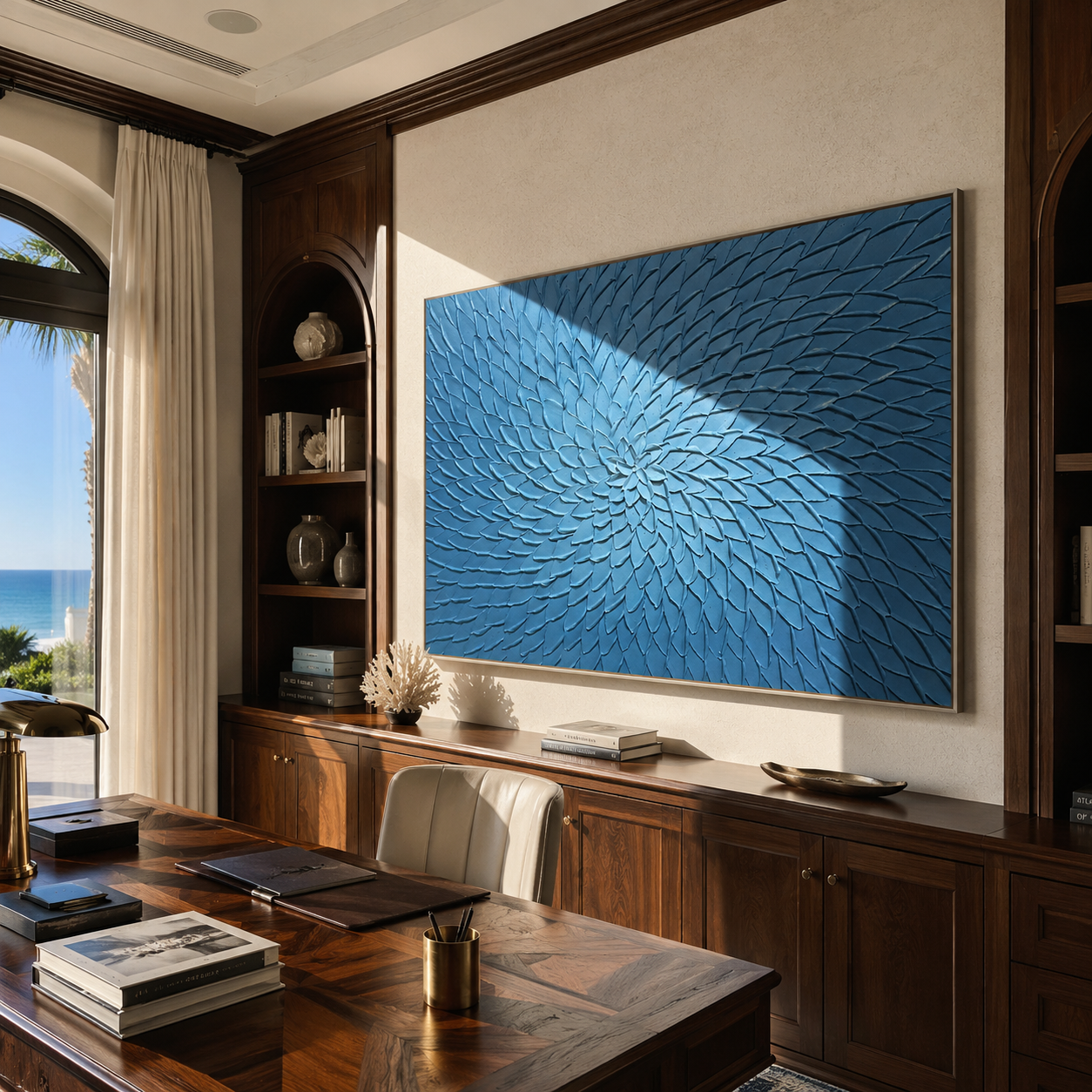 Textured blue bloom canvas art hanging in a wood-paneled home office