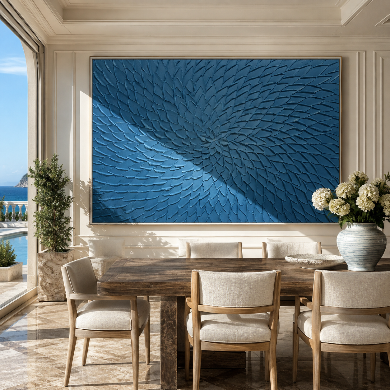 Deep blue textured bloom artwork displayed above a dining room sideboard
