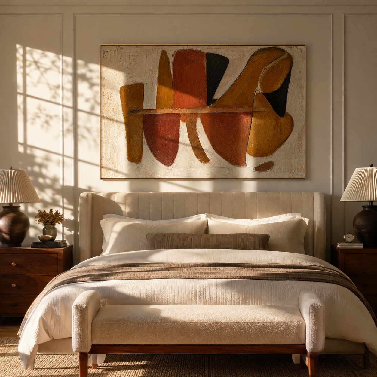 Ochre Rust Fragments mid-century abstract painting above a beige upholstered bed