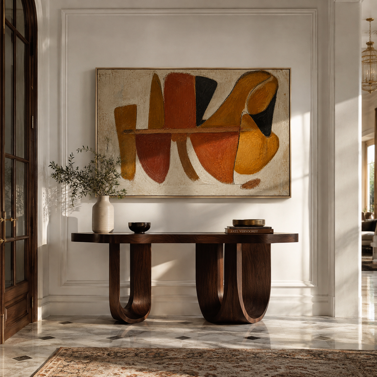 Rust and ochre abstract painting displayed above a dark wood entryway console