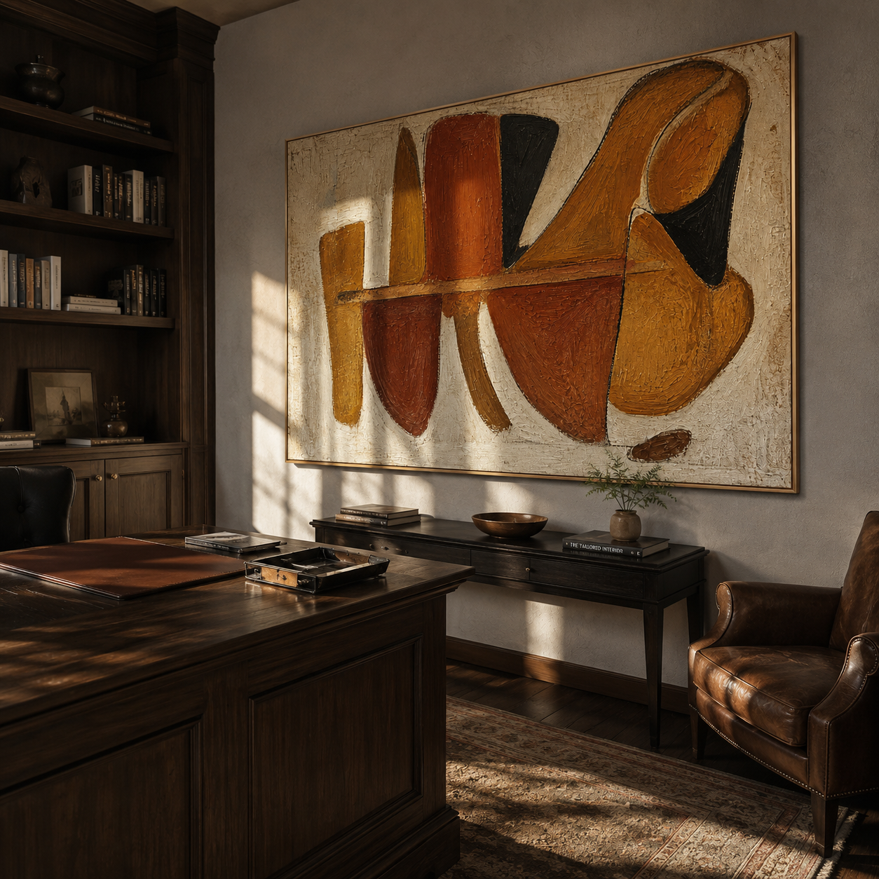 Mid-century abstract canvas art hanging above a walnut desk in a home office