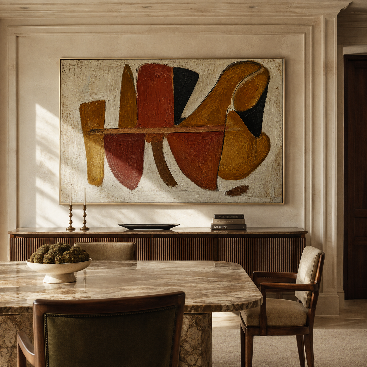 Ochre and rust abstract artwork displayed above a marble dining room sideboard