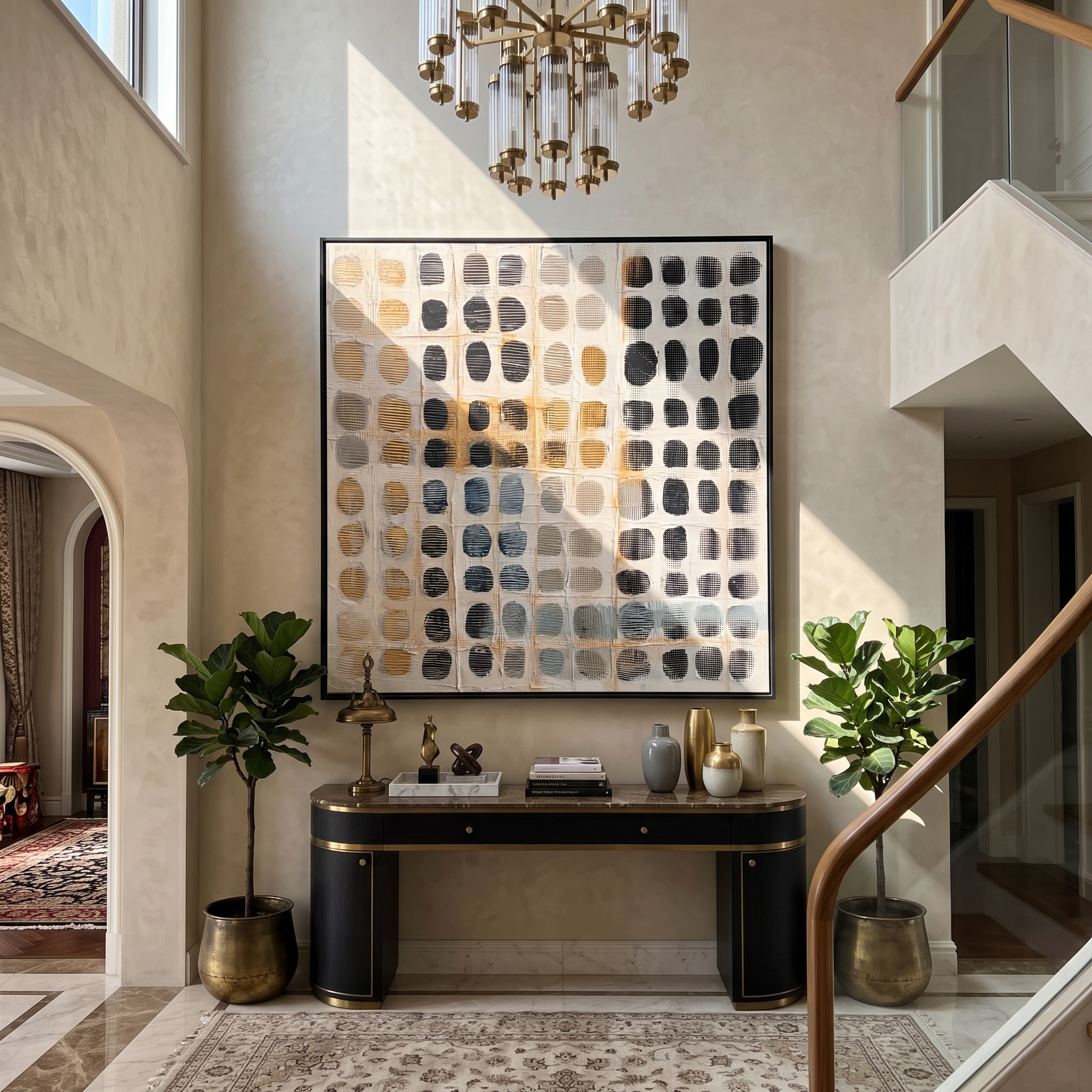 Stone Lattice – Oval Stone Grid on Cream Background Painting | Wabi-Sabi Square Art