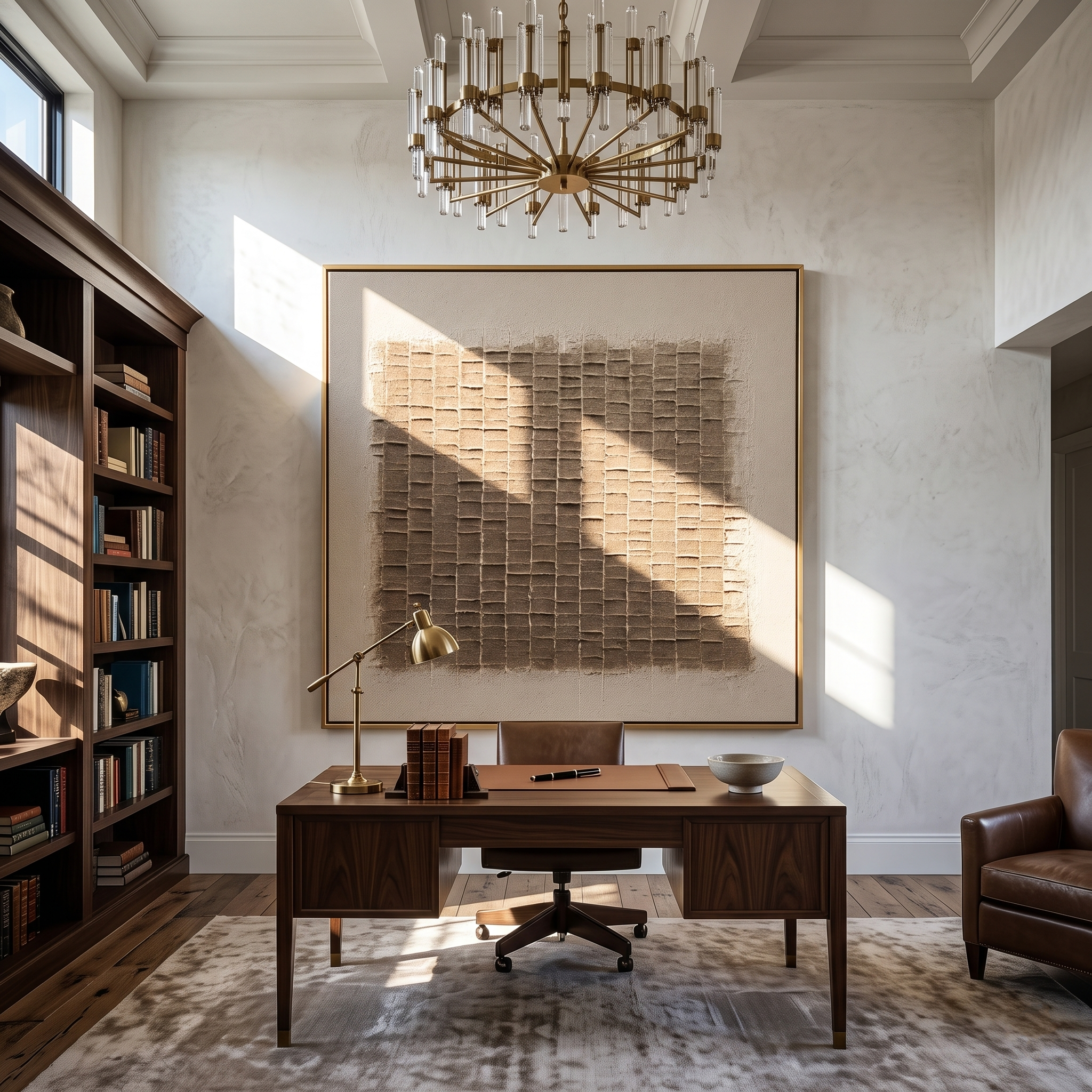 Sunlit Woven Grid taupe plaster relief painting above a walnut home office desk