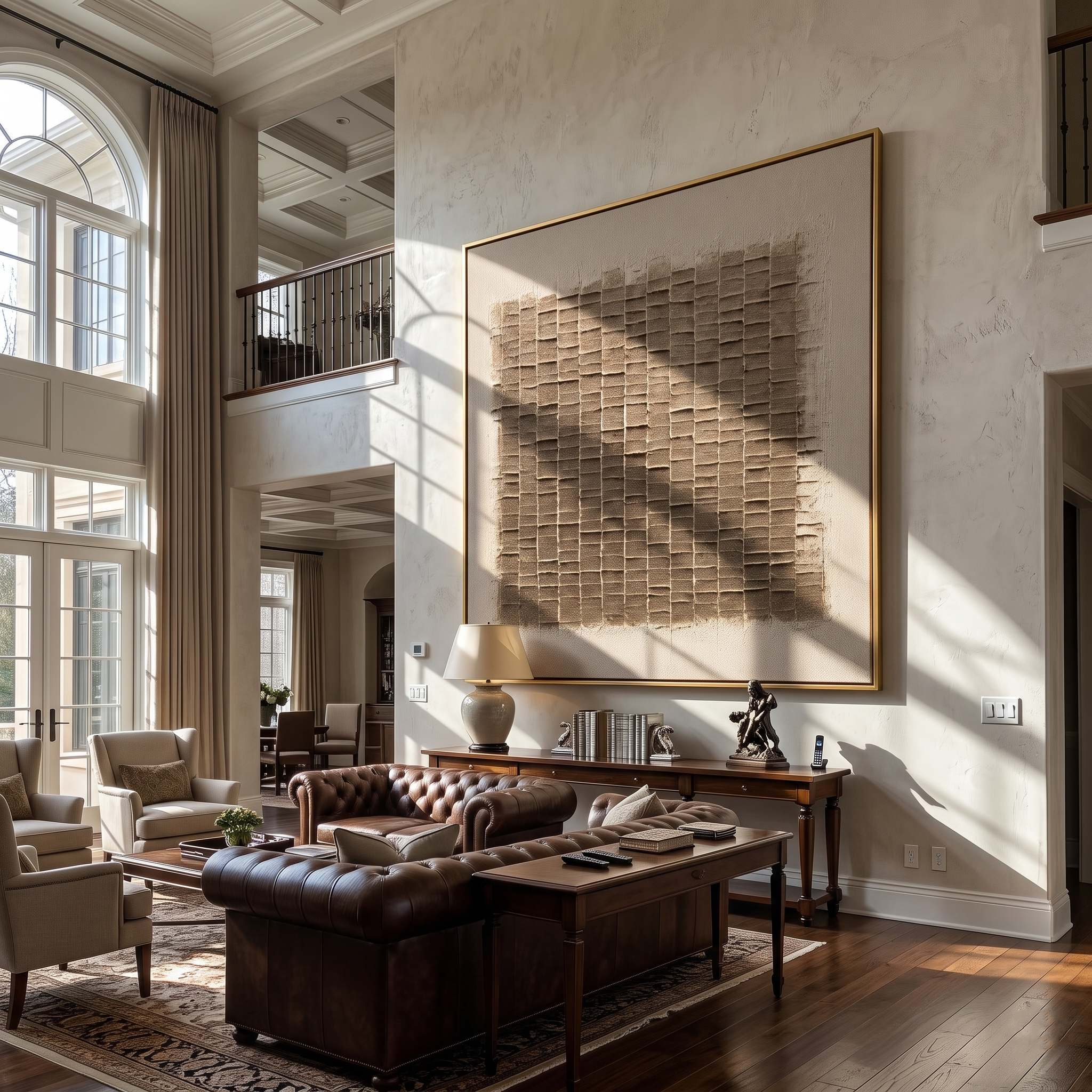 Woven-texture square painting displayed above a console in a grand foyer