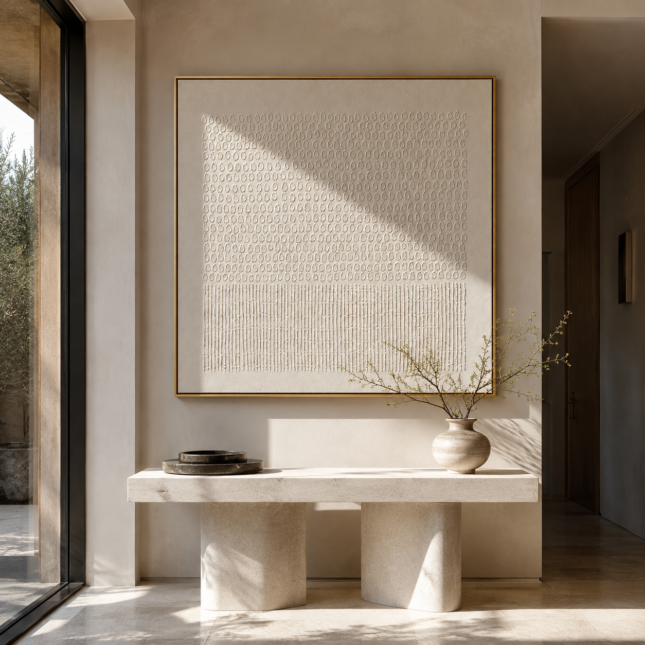 Ivory pebbled-texture plaster painting displayed above an entryway console table