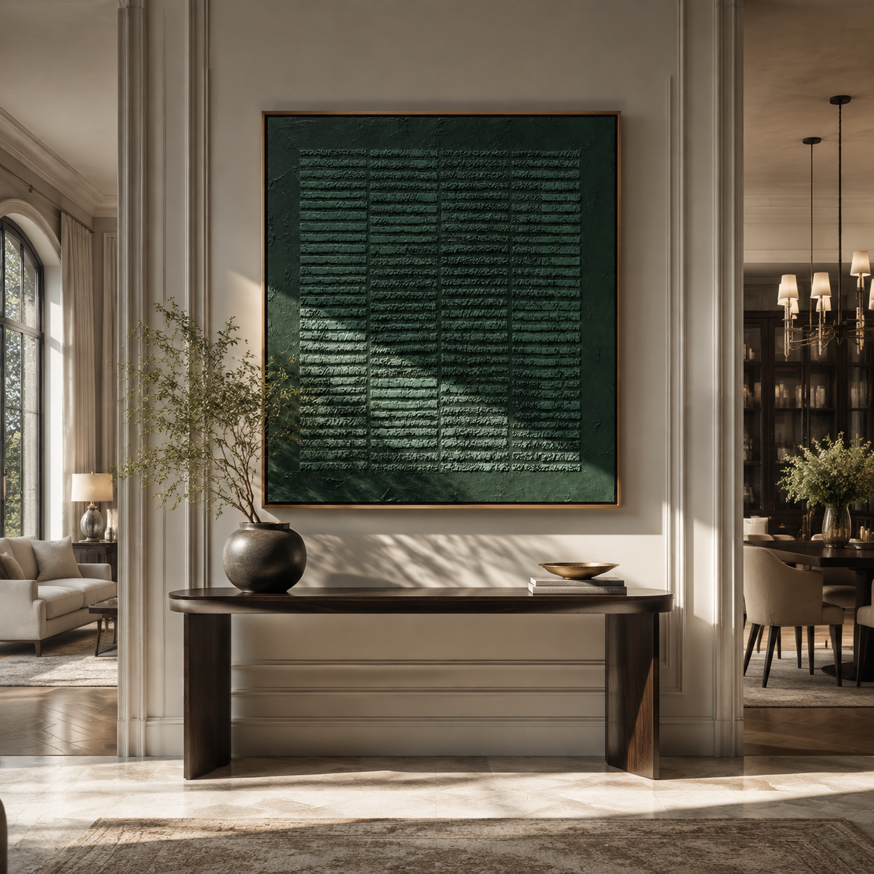 Deep emerald green textured painting displayed above an entryway console table