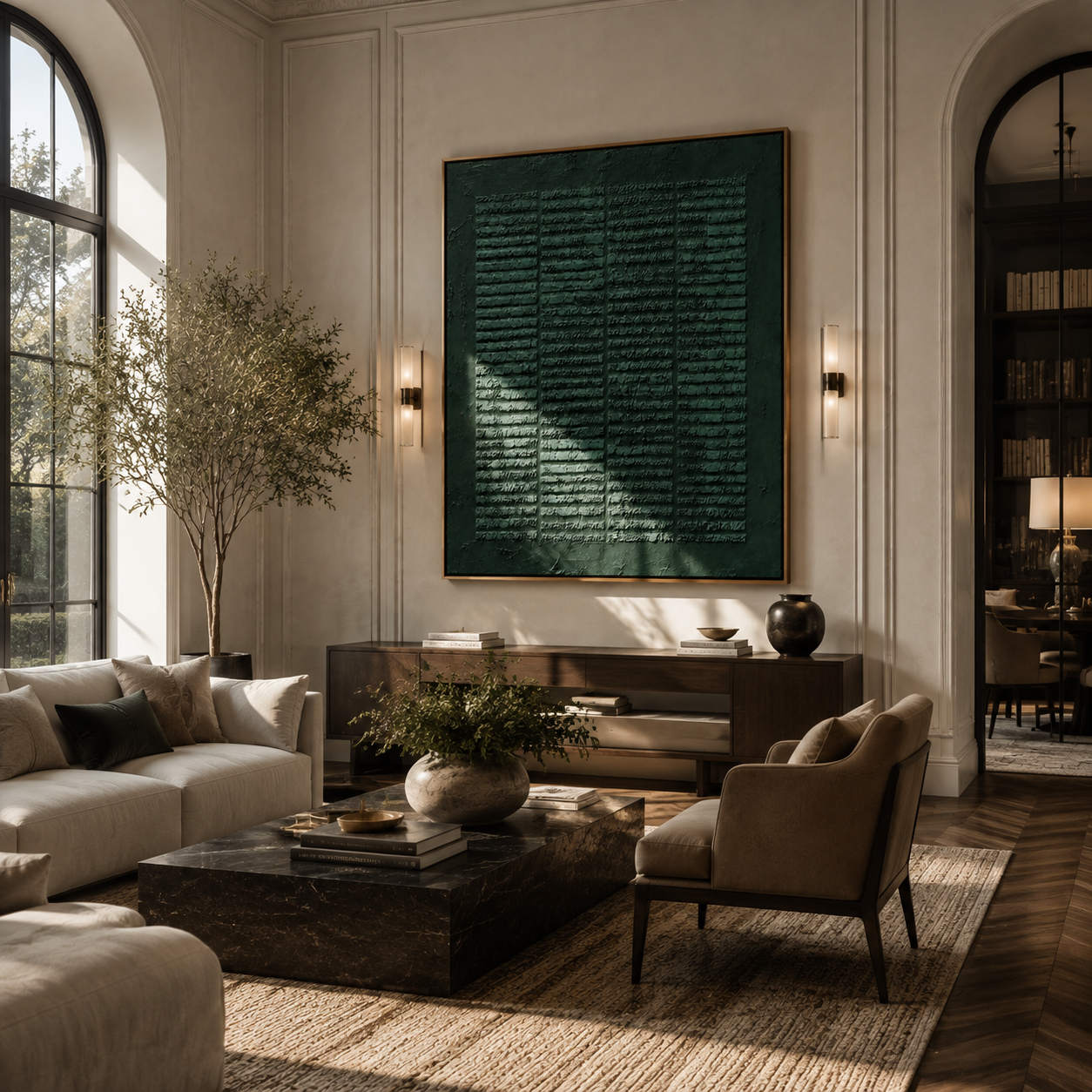 Emerald green plaster relief canvas above a fireplace in a formal living room