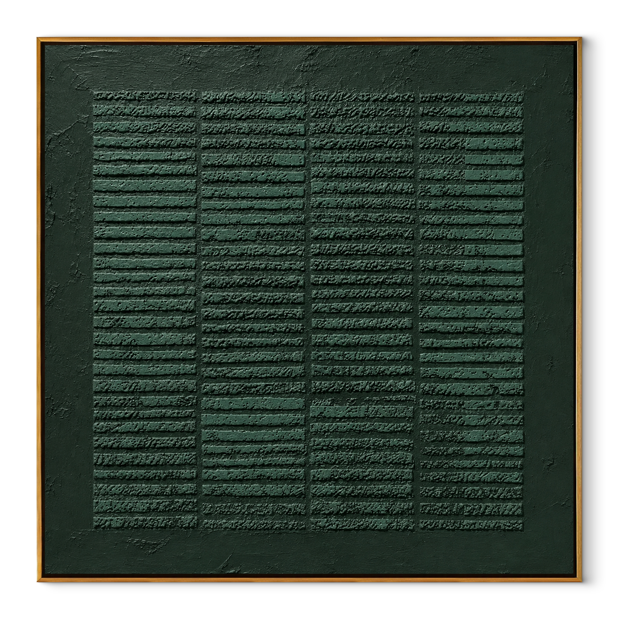 Emerald Ledger Lines framed square canvas with wood frame, deep green plaster art