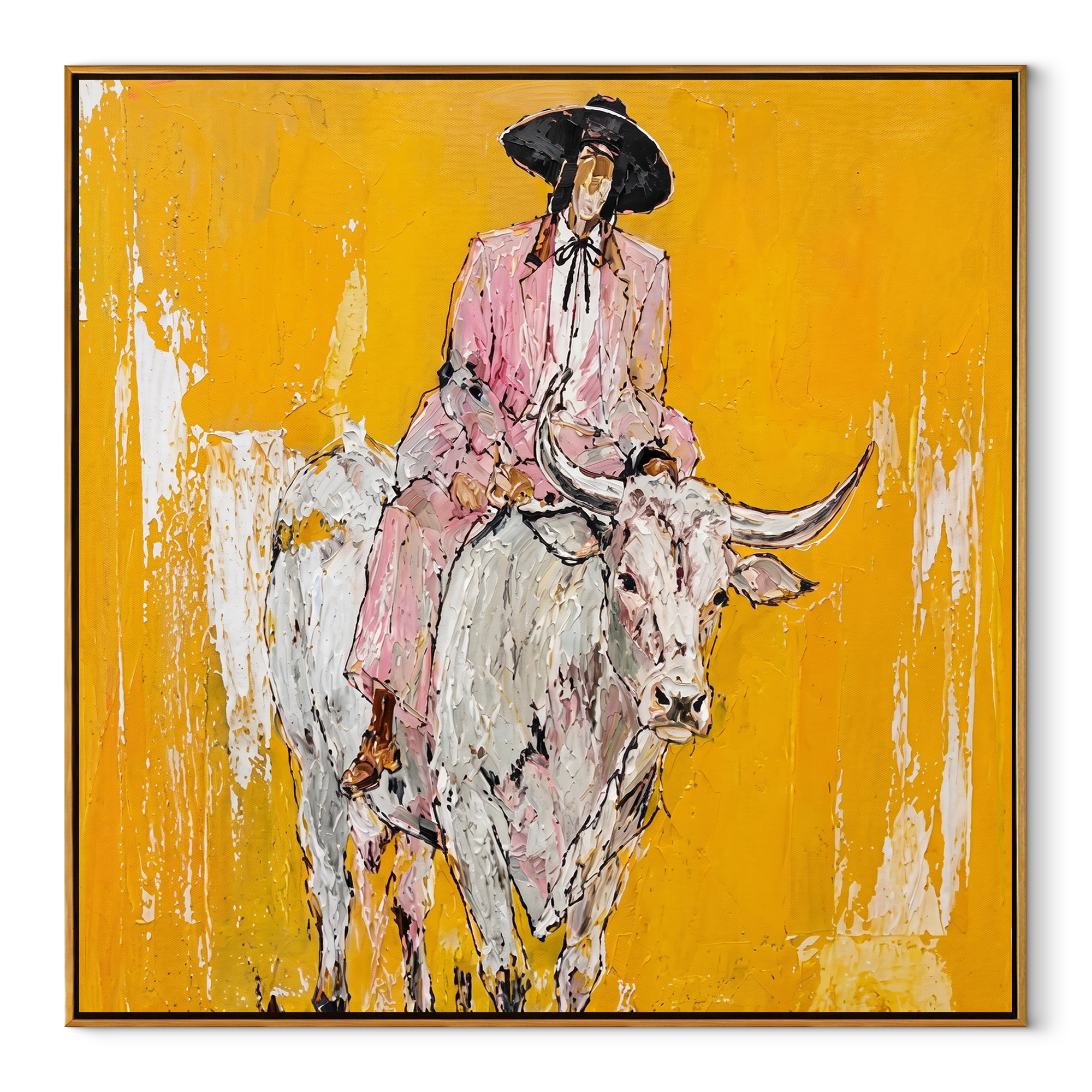 Mustard Dust Carries Pink Western figurative painting, square canvas artwork
