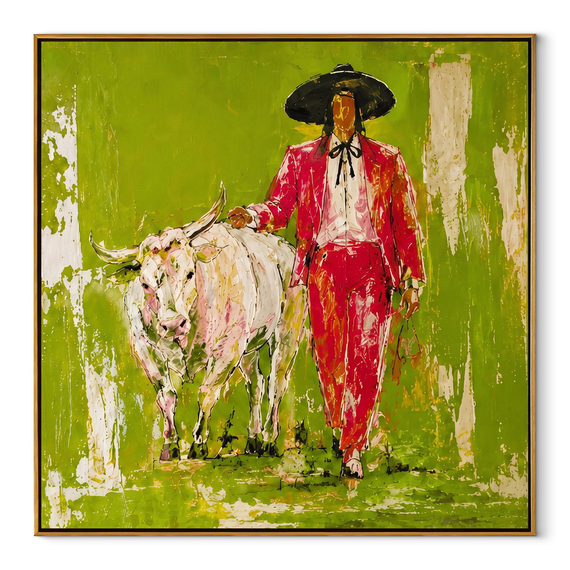 Scarlet Walk Crosses Green Western figurative painting, square canvas artwork