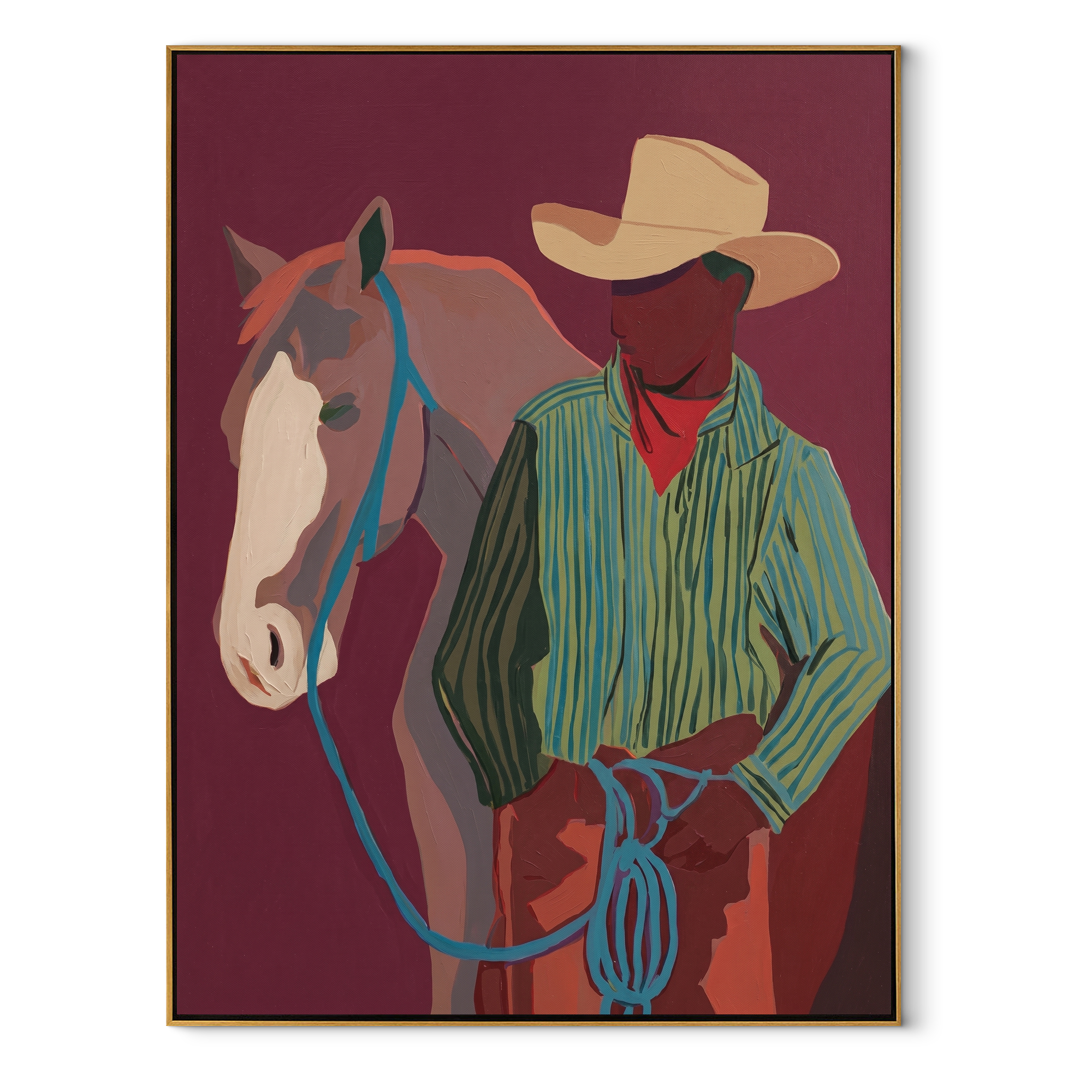 Turquoise Reins Cross Burgundy Western figurative painting, vertical canvas artwork