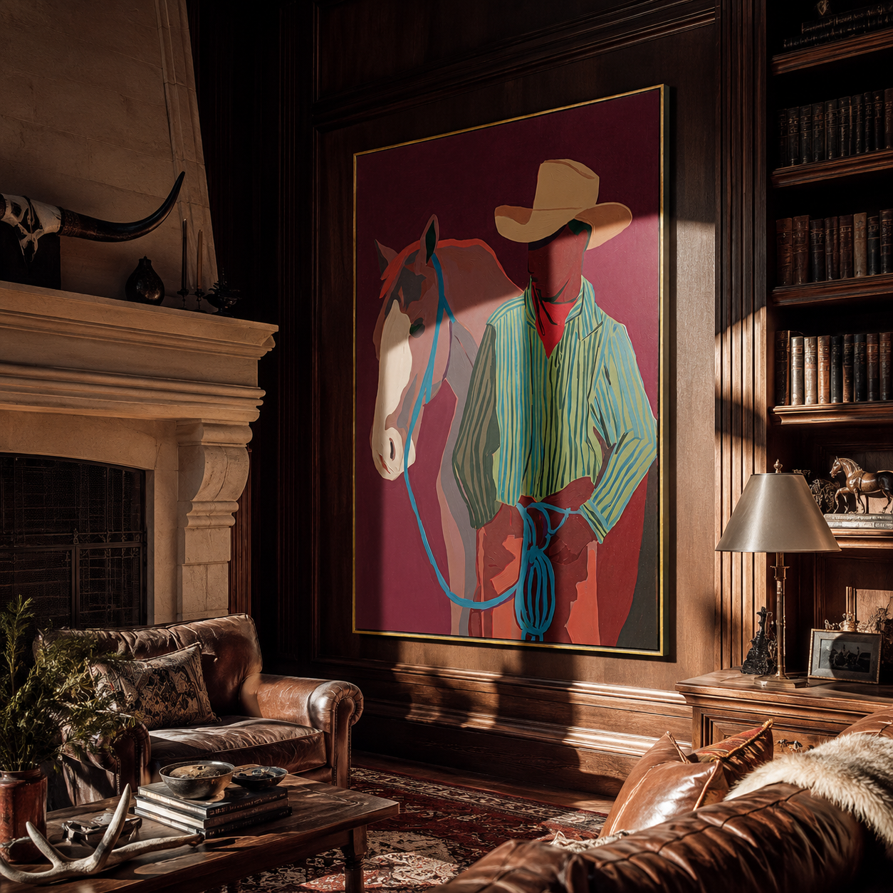 Turquoise Reins Cross Burgundy displayed in a layered residential setting